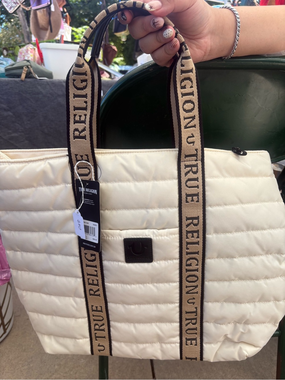 True Religion Cream Quilted Tote with Branded Webbing Straps